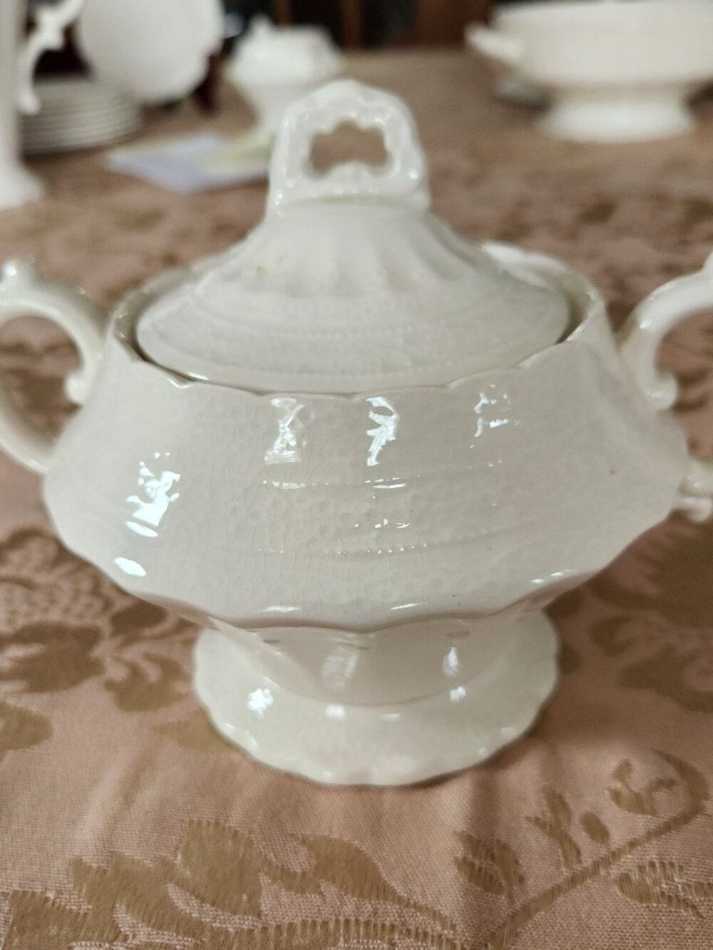 Copeland Spode Jewel Sugar Bowl with Lid England White Ivory Lace Vintage